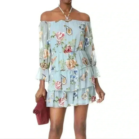 Alice & Olivia Waylon Off The Shoulder Blouson Mini Dress Boho Multi Floral - Picture 1 of 14